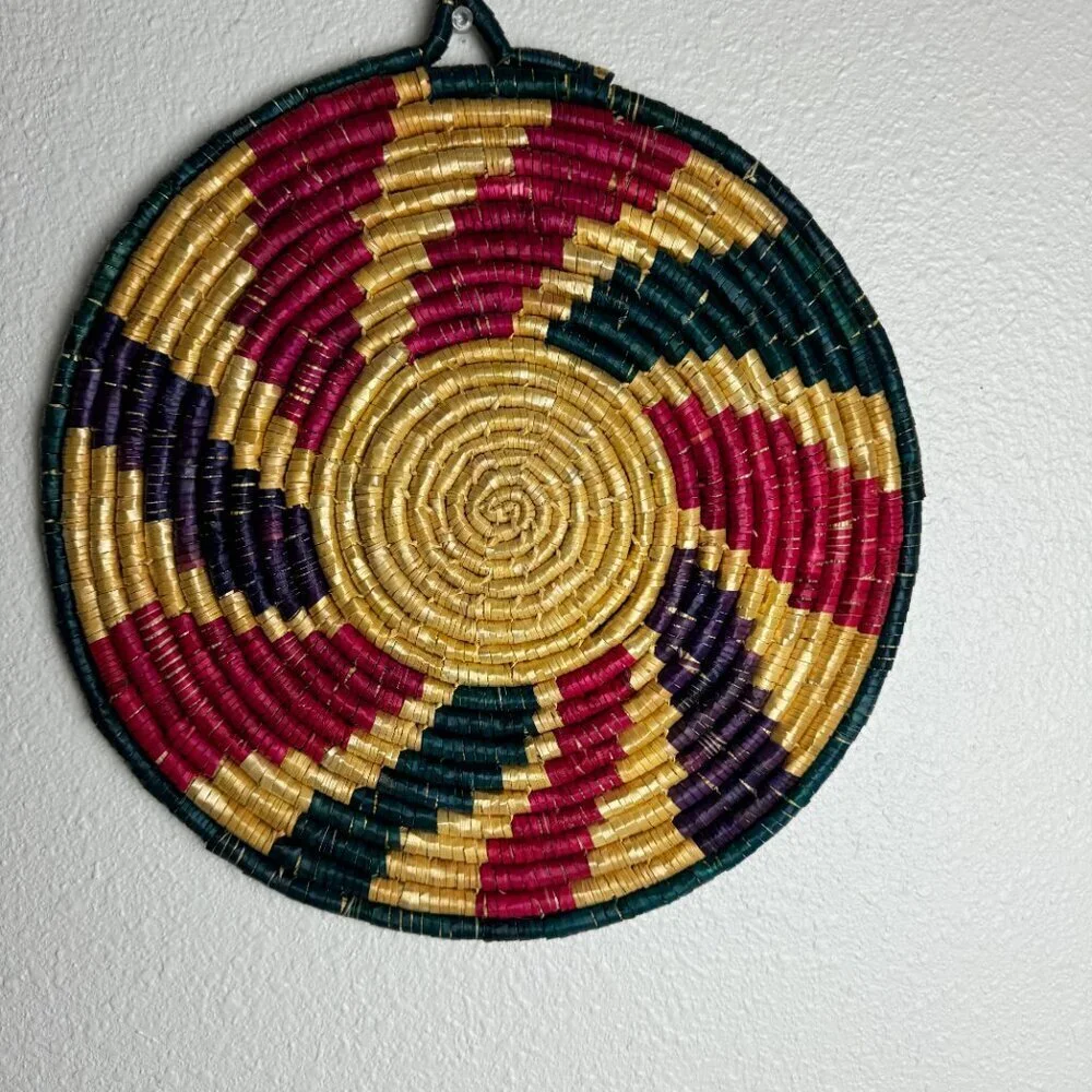 Southwestern Rattan Woven Multicolor Flat Basket Wall Decor 14